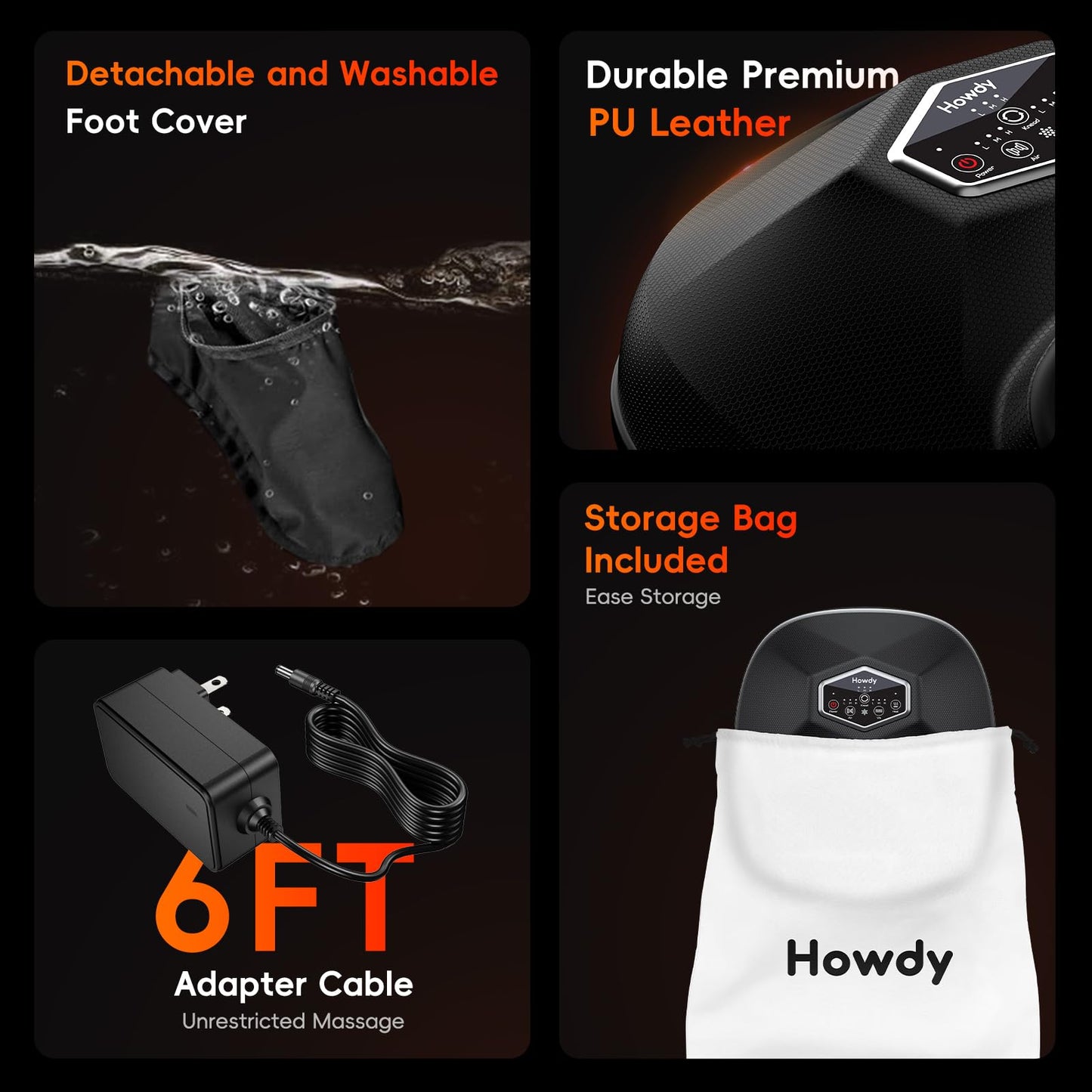 Howdy Shiatsu Foot Massager Machine with Heat, Compression & Remote - Deep Kneading, 3 Intensity Levels, Gifts for Women/Mom/Dad - Fits Size 12, Removable Washable Covers & Portable Storage Bag