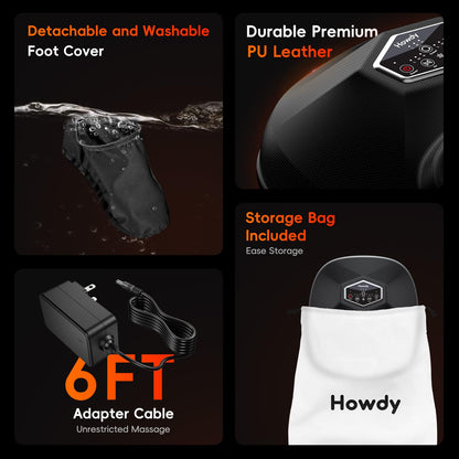 Howdy Shiatsu Foot Massager Machine with Heat, Compression & Remote - Deep Kneading, 3 Intensity Levels, Gifts for Women/Mom/Dad - Fits Size 12, Removable Washable Covers & Portable Storage Bag