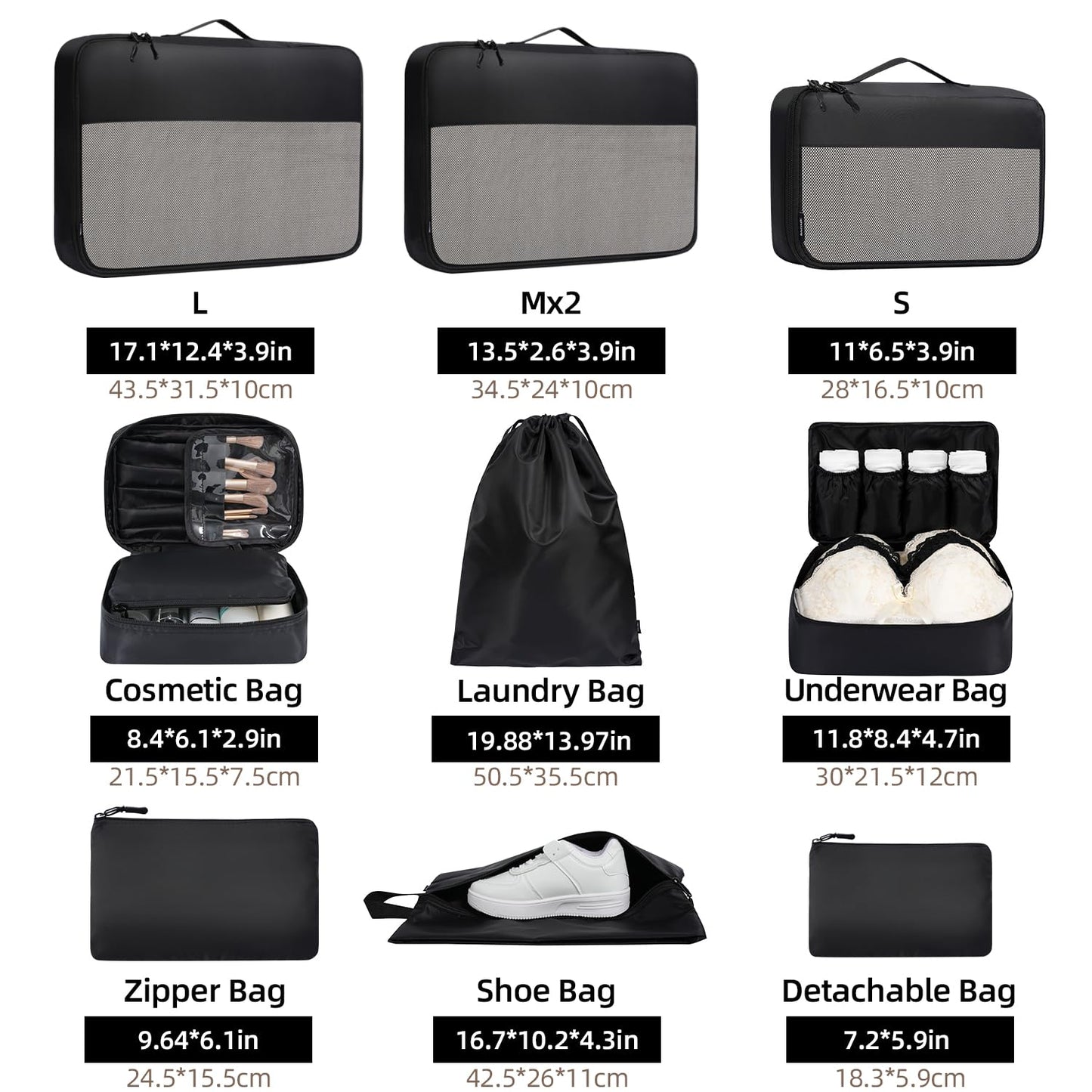 BAGAIL 8 Set/9 Set Packing Cubes Luggage Packing Organizer for Travel, Suitcase Packing Bags for Travel Accessories(Black, 9 Set)