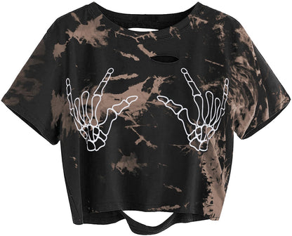 Avanova Women Finger Graphic Print Skull Skeleton Casual T Shirt Tee Short Sleeve Tie Dye Crop Top Tie Dye Brown Medium