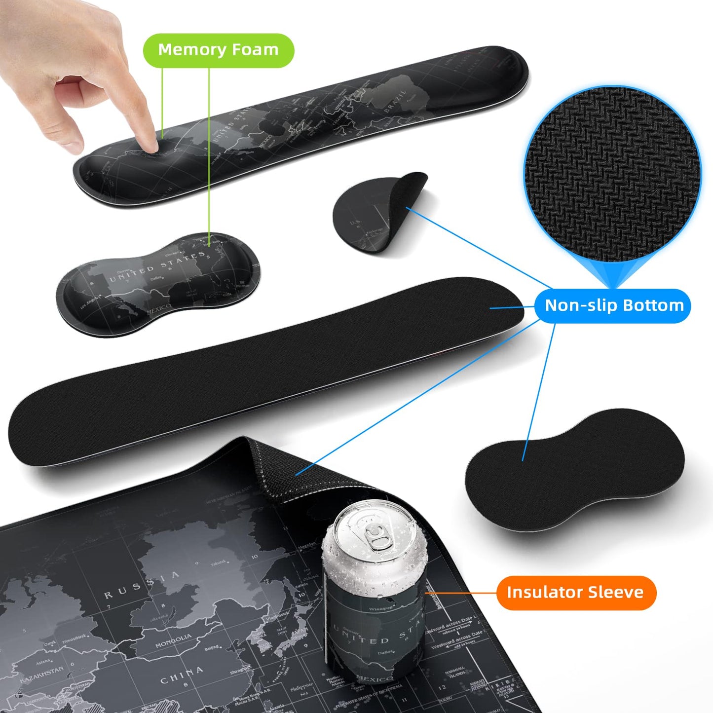 5 in 1 Keyboard Mouse Pad Set, Mouse Pad Wrist Support, Extended Gaming + Keyboard Wrist Rest Support, (34.5×15.7 in) Large Ergonomic Mousepad Desk Mat Combo -Black World Map (1-5 Sets-World Map)