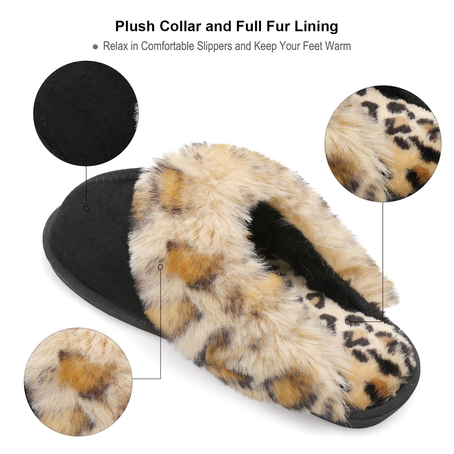 Besroad Fuzzy Fluffy House Slippers for Women Cozy Winter Warm Plush Furry Slides Shoes Black Leopard11.5-12.5
