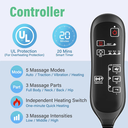 Back Massager with Heat & Traction & Vibration, Seat Massager Pad for Pain Relief Deep Tissue, Lumbar Traction, PU Leather, Foldable, for 5’ to 6’1”, Massage Chair Pad for Office Home