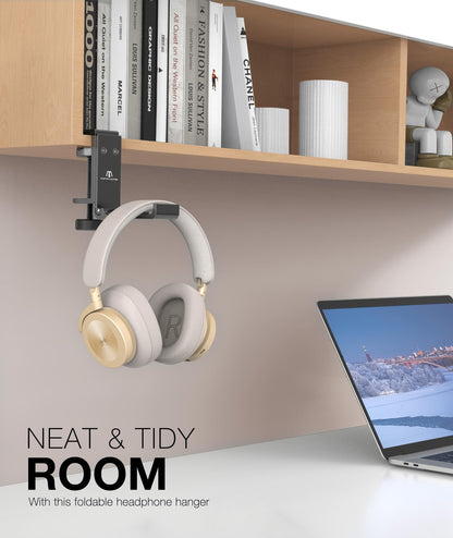 APPHOME New Foldable Headphone Stand Hanger Holder Aluminum Headset Soundbar Stand Clamp Hook Under Desk Space Save Mount, Universal Fit Gaming Headphones, Black