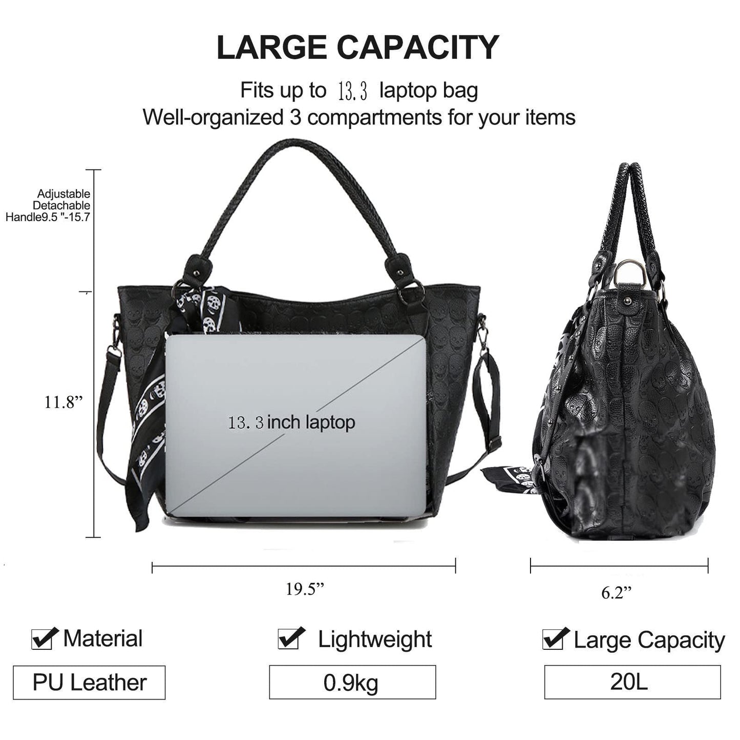 Women Skull Tote Bag Revit Studded Handbag Pu Leather Purse and Wallet Scarf 3Pcs Set