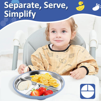 Bakpoco Stainless Steel Toddler Plate with Suction, 9” Divided Plates with Removable Silicone Sleeves for Kids, Non Toxic & BPA Free | Non Slip | Unbreakable Baby Snack Dishes Set of 2, Blue & Gray