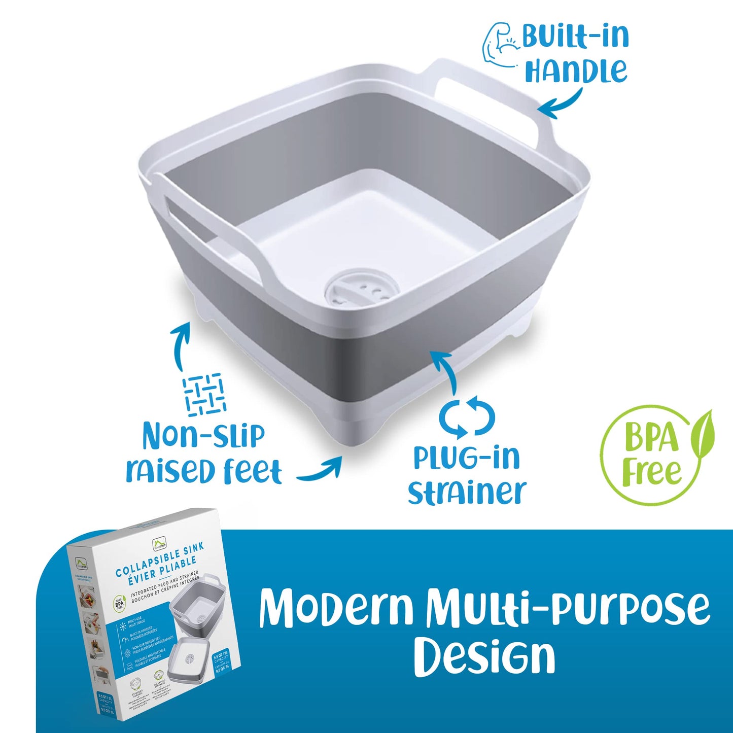 Home Spirit Collapsible Sink – 9L Portable Wash Basin Tub with Handle, Plug & Strainer – For Dishes, Fruits, Veggies, Laundry & Beverages