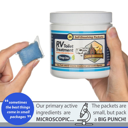Cabin Obsession RV Toilet Treatment Drop Ins - 24 Easy Flush Self-Dissolving RV Black Tank Treatment Packets - Eliminate Odors and Break Down Waste Within Your RV Holding Tank