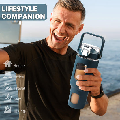 BLUEGO 40 oz Glass Water Bottles with Straw Time Marker, Glass Tumbler with Handle Top Lids, Easy to Clean, Fits in Car Cup Holder, Leakproof Jug for Gym, Sports, Workout & Daily, Dark Blue