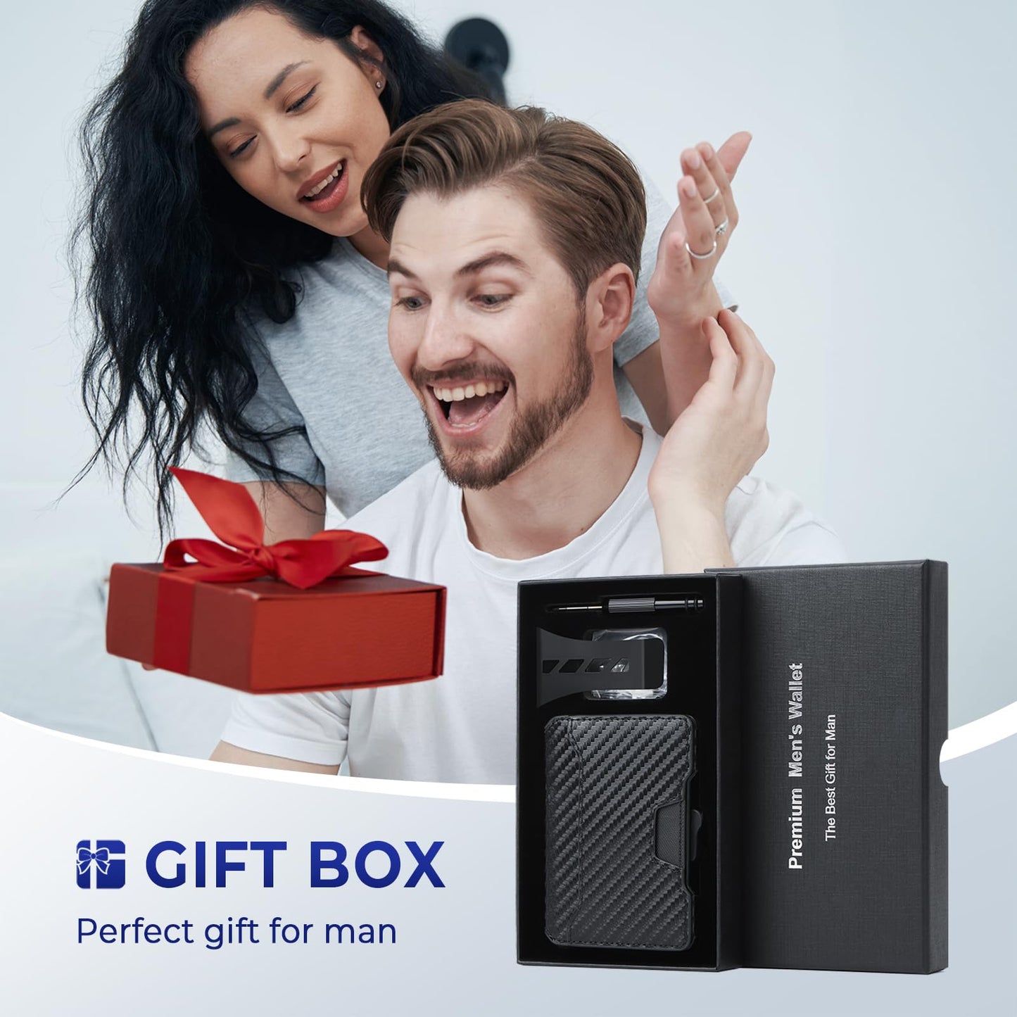 BESSIO Slim Wallet for Men - Minimalist Mens Wallet with Money Clip, Aluminum Pop Up Card Case and Leather Slots Credit Card Holder RFID Blocking Wallet for Men with Gift Box (Carbon Fiber)