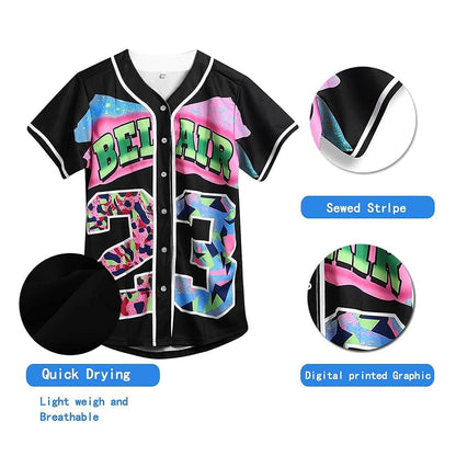 Amzdest 90s Clothing for Women, Unisex Hip Hop Party, Bel Air 23 Baseball Jersey Short Sleeve Button Down Shirt (23Black, Small)