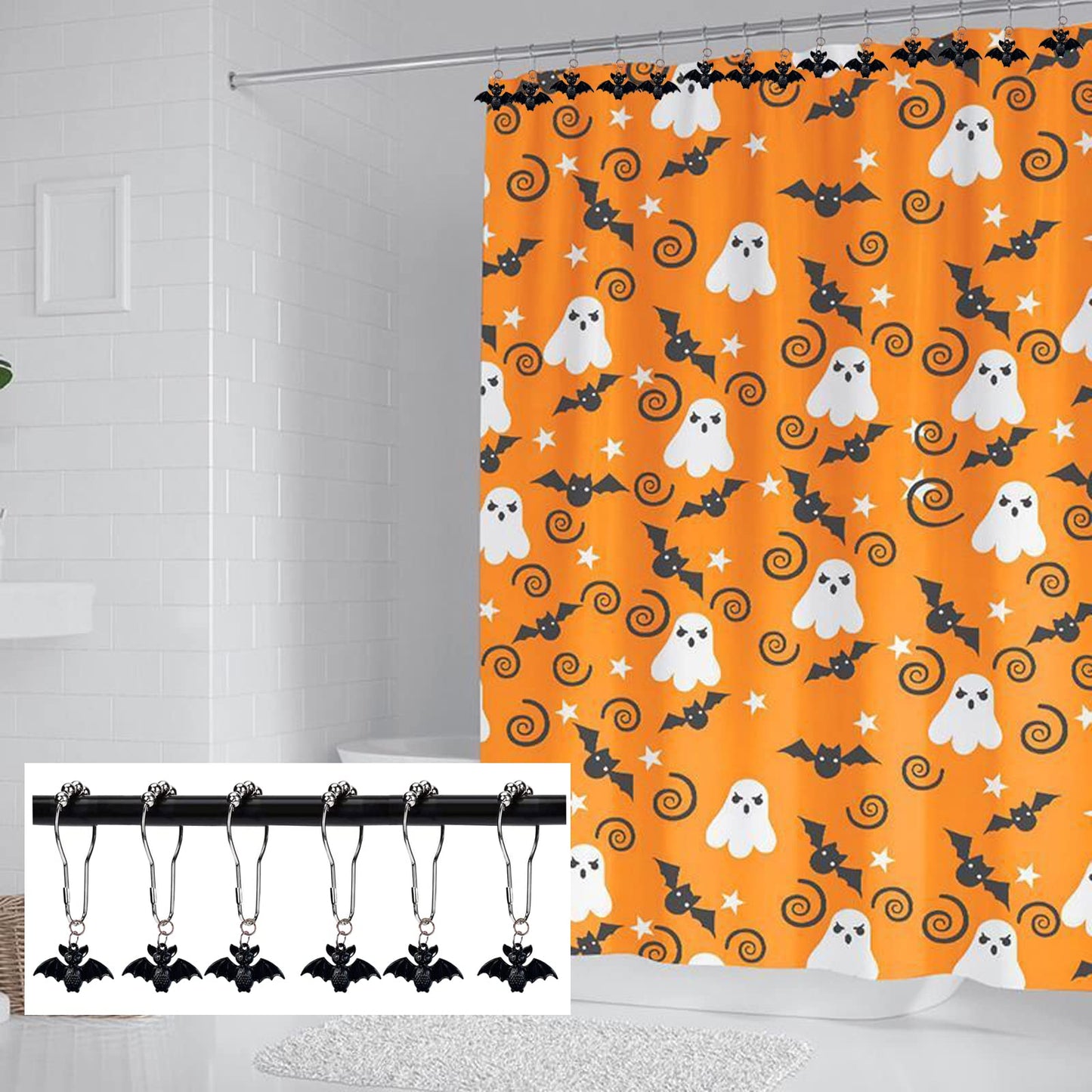 Bat Shower Curtain Hooks Rings, 12 Pcs Halloween Bats Rustproof Metal Shower Curtain Hangers for Bathroom Shower Rods, Halloween Party Theme Home Bathroom Decoration (Black)