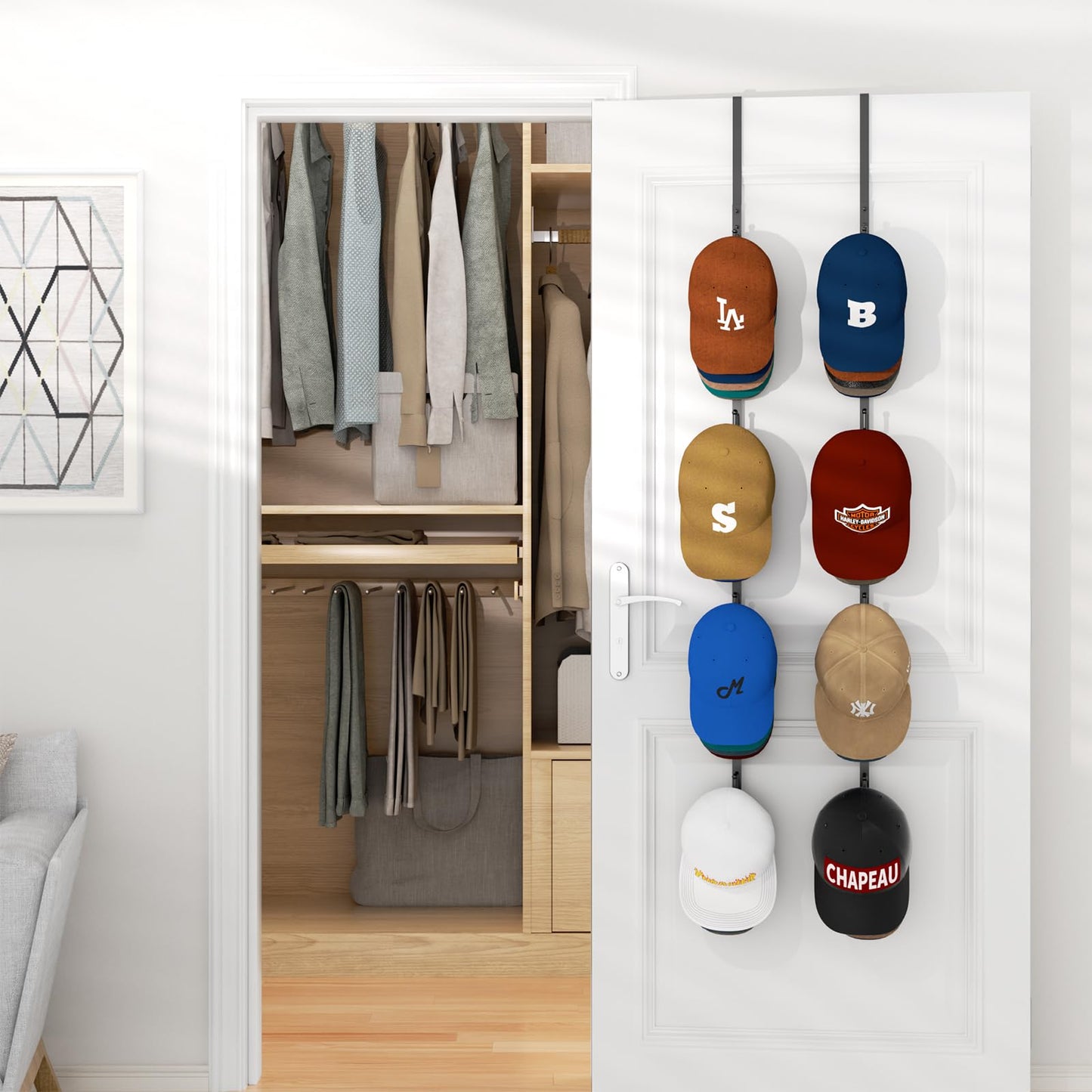 HapiRm Over Door Hat Rack - 2 Packs Hat Organizer with 8 Hooks Design, Hanging Baseball Cap Organizer Storage Holds Up to 40 Caps for Door, Bedroom, Closet (Black)