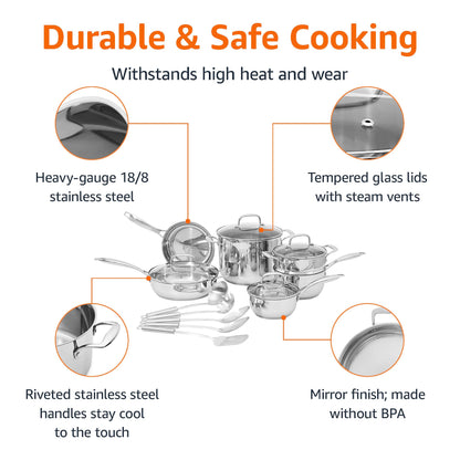 Amazon Basics Stainless Steel Cookware 15-Piece Set, Oven Safe, Pots and Pans, Induction-Ready, Even Heating, Easy to Clean, Heavy Duty, Silver