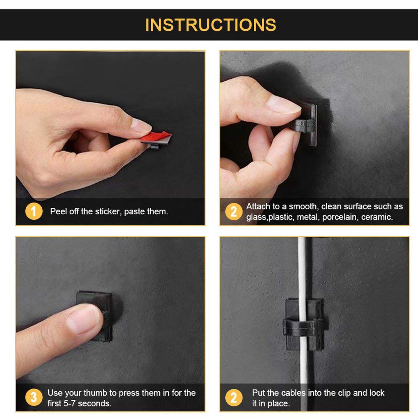 3M Cable Clips Self Adhesive Cord Organizer, Wire Holder Clamp Management Sticky for Desk Car Dash Cam Tables Wall, Black 30pcs