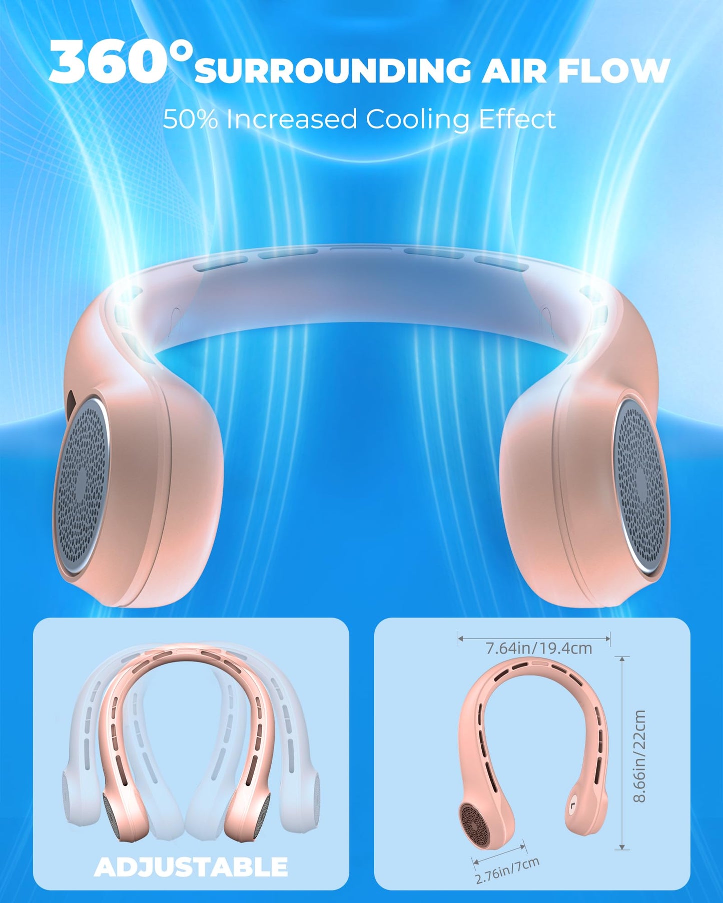 Hssio Portable Neck Fan with 4000mAh Rechargeable Battery & LED Display, Personal Cooler for Women/Men, 3-Speed Bladeless 360° Cooling Fans, Stylish Gift for Gym/Travel/Office, Pink