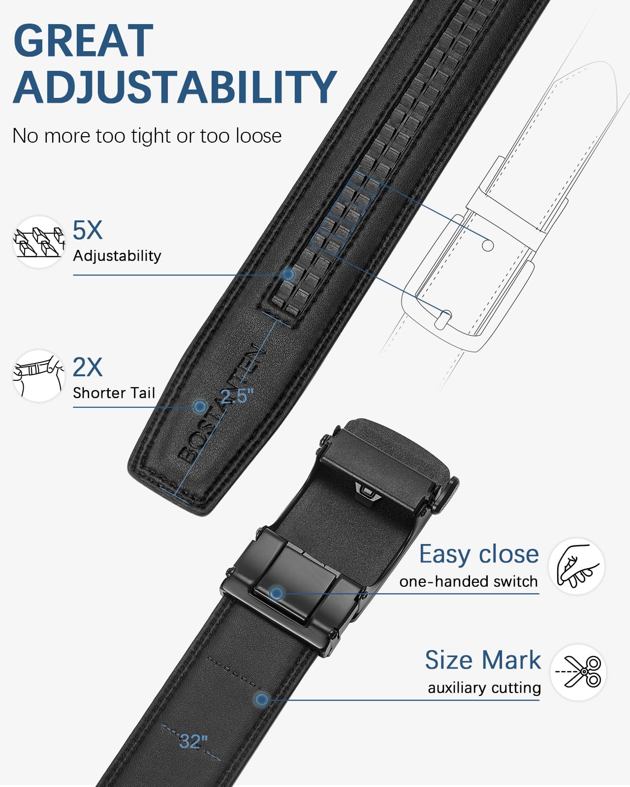 BOSTANTEN Mens Belt Leather 2 Pack Ratchet Belt For Men Dress and Casual with Adjustable Buckle, Trim to Fit