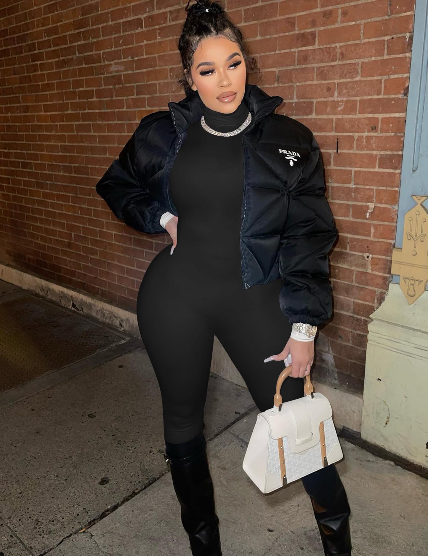 BORIFLORS Long Sleeve Jumpsuit for Women Sexy Turtleneck One Piece Bodycon Rompers Clubwear, Medium, Black