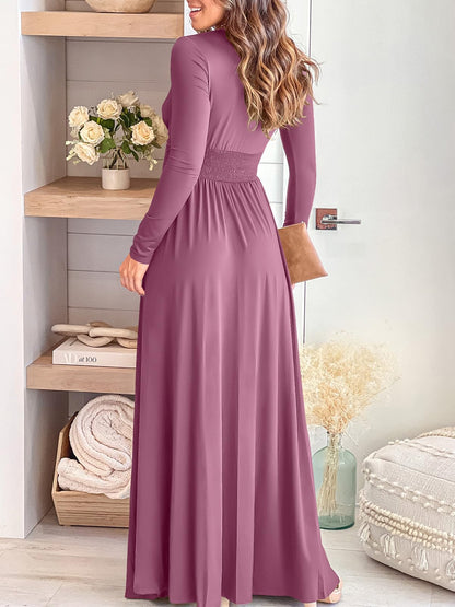 ANRABESS Women Deep V Neck Long Sleeve Slit 2025 Fall Elegant Formal Wedding Guest Cocktail Evening Date Prom Maxi Long Dress Pink Medium