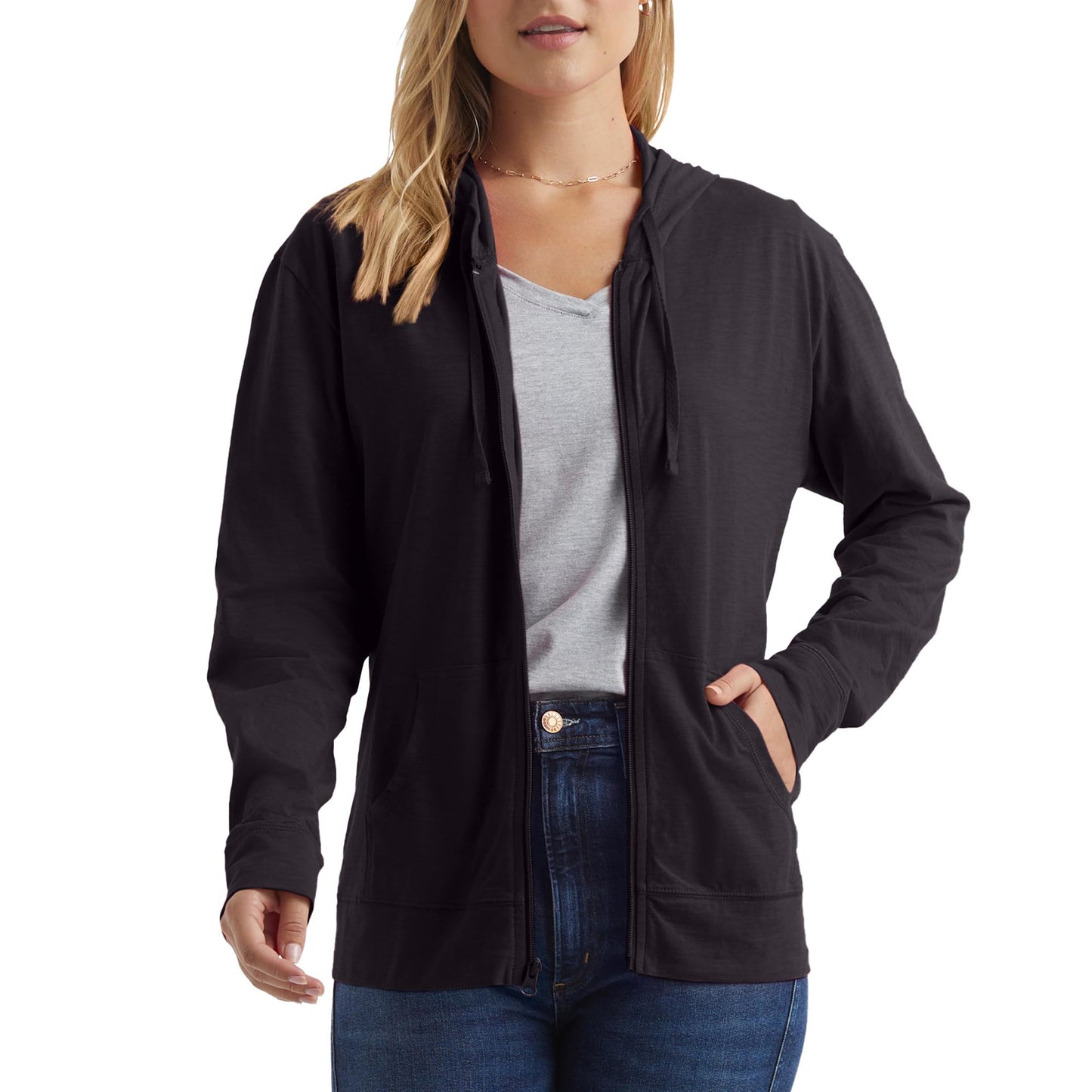 Hanes Womens Slub Knit Full-zip Hoodie, Textured Cotton Zip-up T-shirt For Fashion-hoodies, Black, X-Large US