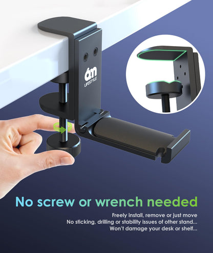 6amLifestyle Foldable Headphone Hodler Hook Hanger Stand Under Desk, Headphone Wall Mount with Cable Organizer Save Space Metal, Headset Holder Clamp for Headphones Gaming PC Headsets, Purse Handbag