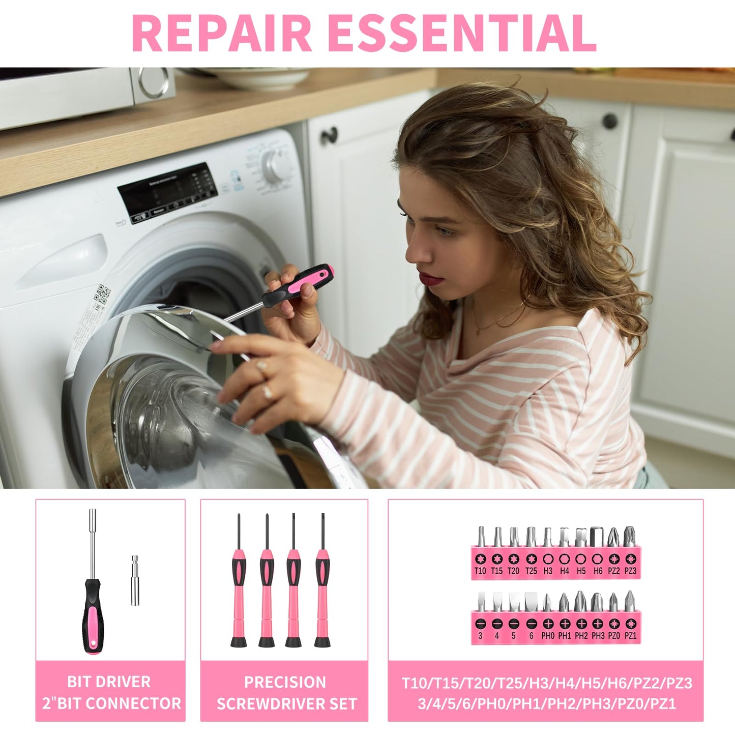 39 Piece All Purpose Basic Household Pink Tool Kit for Women - Small Tool Set with Toolbox Great for Home, Garage, Office and College Dormitory Use