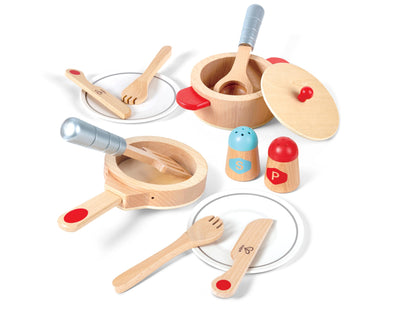 Hape Cook & Serve Set | 13 Piece Wooden Pretend Play Cooking Set with Accessories