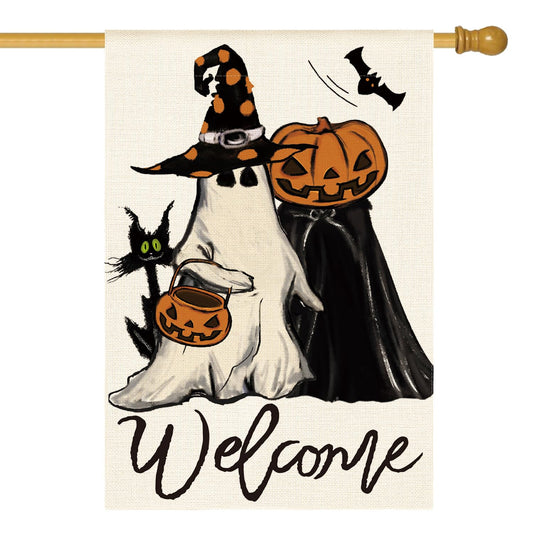 AVOIN colorlife Welcome Halloween Trick Or Treat House Flag 28 x 40 Inch Double Sided, Ghost Jack O Lantern Bat Holiday Yard Outdoor Decorative Flag