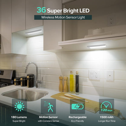 BLS LED Closet Light, 36-Led Motion Sensor Under Cupboard Lights, Large 1500mAh LED Rechargeable Battery Powered Lights, Wardrobe Light, Stick on Lights Wireless Closet Light, 2 Sensor Modes (3 Pack)