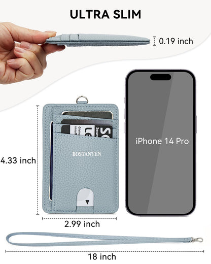 BOSTANTEN Slim Wallet Women with Leather Neck Lanyard RFID Blocking Credit Card Holder Front Pocket Small Wallet Blue