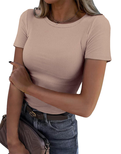 BIDITANLE Womens Summer Short Sleeve T-Shirt Ribbed Knit Crew Neck Slim Fitted Basic Casual Top