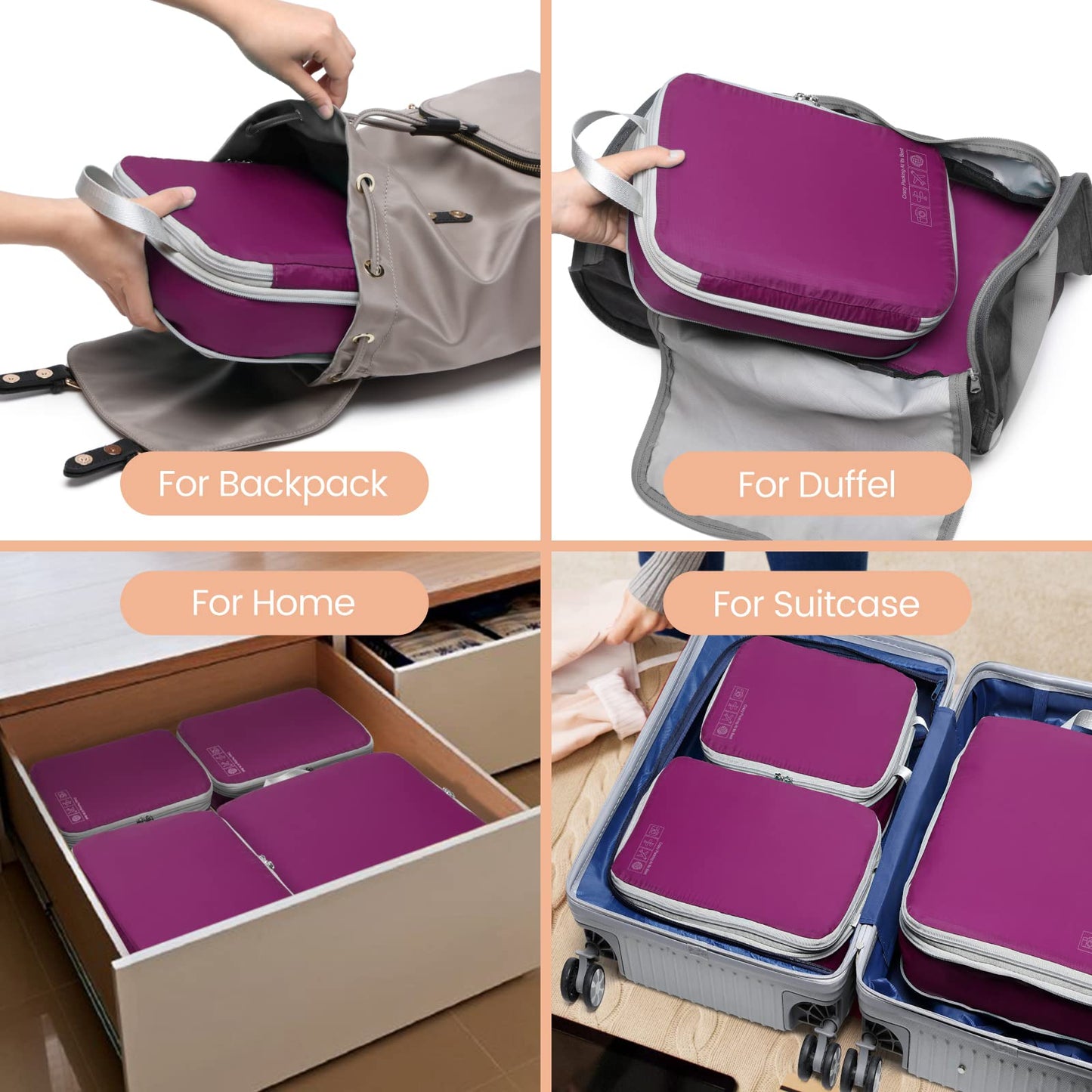 Cambond Compression Packing Cubes for Travel Women - 4 Pack Luggage Packing Organizers Vacation Travel Essentials Accessories Bags Compression Cubes for Carry on Suitcases, Purple
