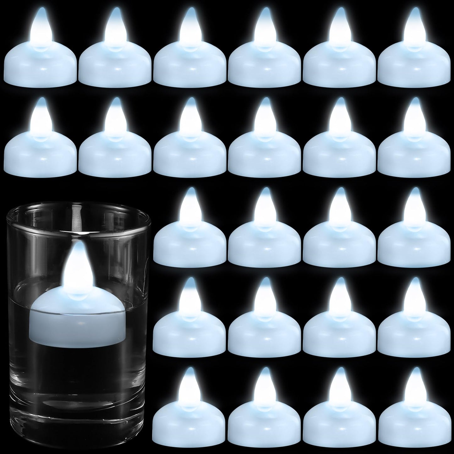 Honoson 24 Pack Flameless LED Floating Candles 1. 6'' Waterproof LED Floating Tealights Battery Water Activated Tealights for Weddings Pool Centerpiece Party Decor(White)