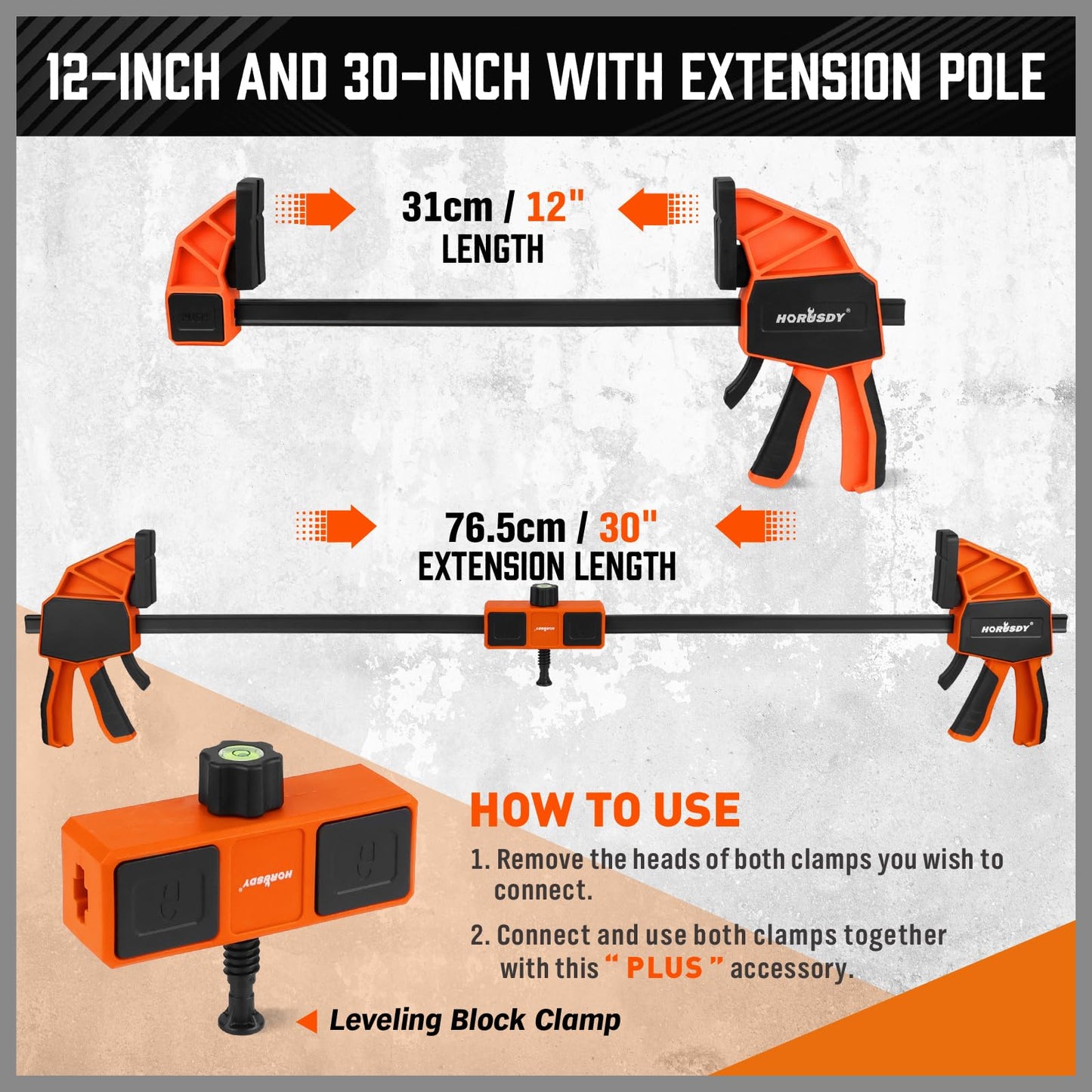 HORUDSY 3-Pack 12-Inch Bar Clamps Set with Leveling Block Clamps, Heavy Duty 350LBS Load, One-Handed Quick Grip Woodworking Clamps, Expandable Spreader with Connector