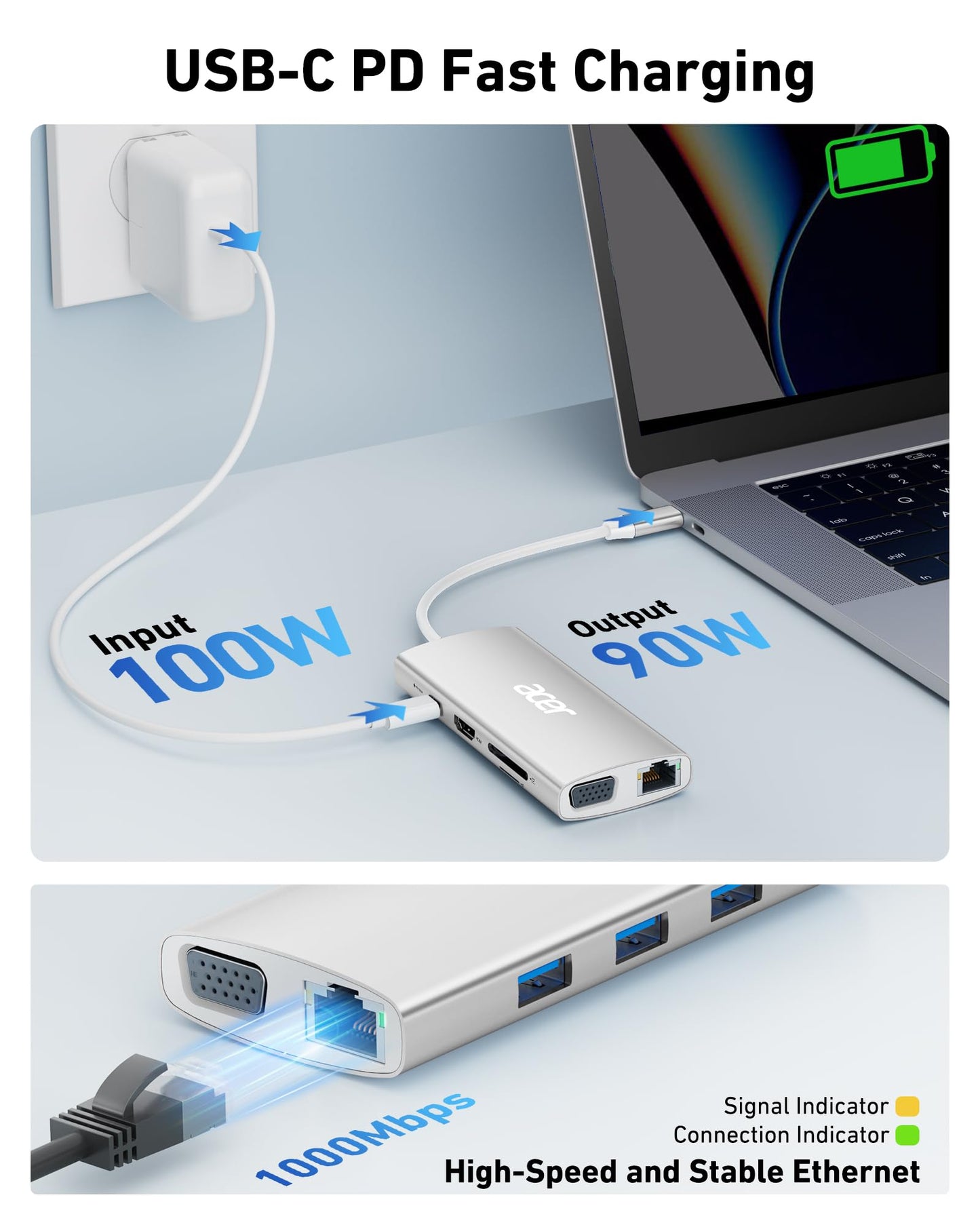 Acer USB C Hub with 4k@30Hz HDMI, 9-in-1 USB C to Ethernet Adapter, 5Gbps USB-A 3.1 Docking Station, PD 100W Charging, SD Card Reader, USB to VGA Splitter for MacBook, Acer, Laptops, Surface (Silver)