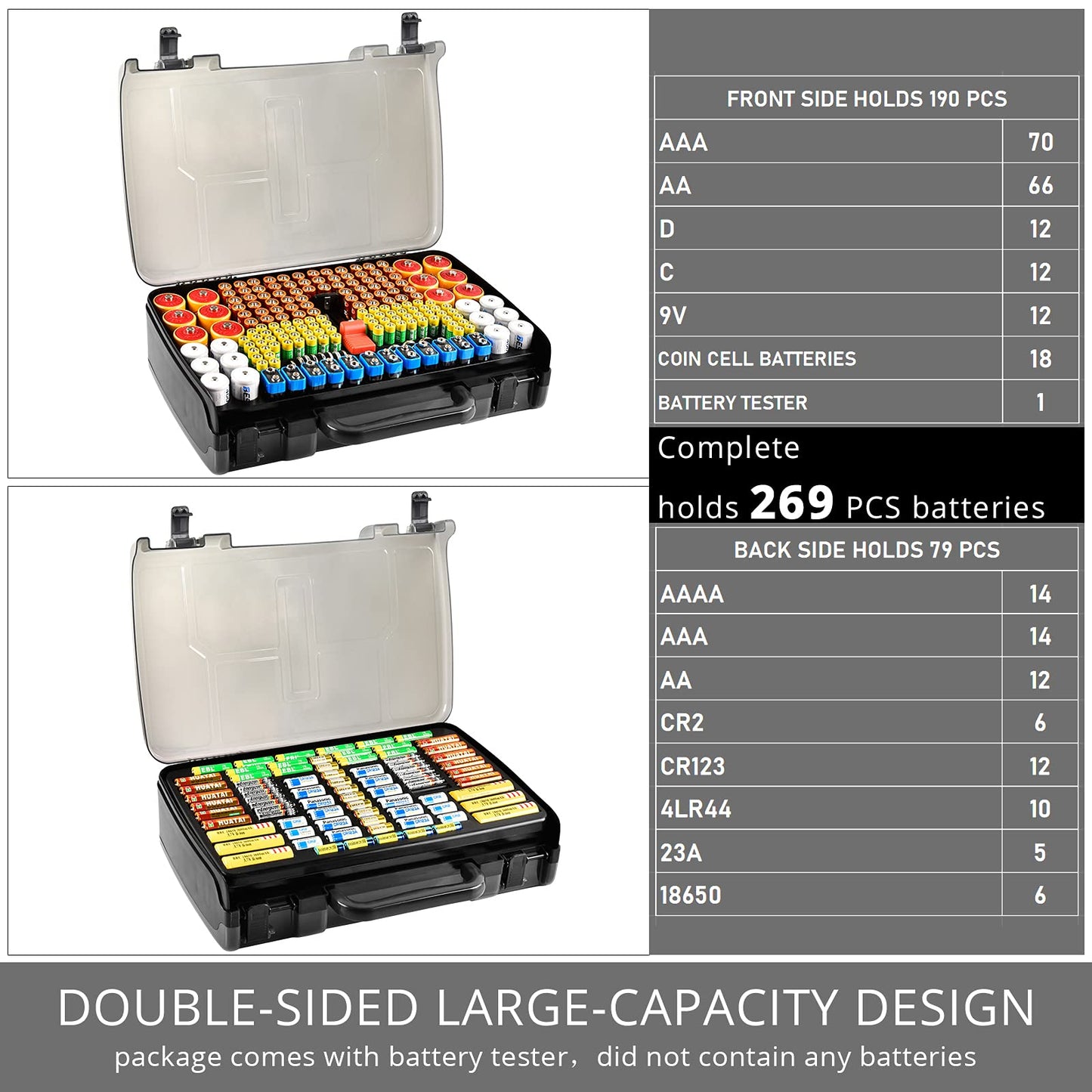 Aptbyte Battery Organizer Storage Holder Box Case with Tester- 269 Batteries Double-Sided Variety Pack, Holds AA AAA 4A C D Cell 9V 3V Lithium LR44 CR2 CR123 CR1632 18650 Button- Grey