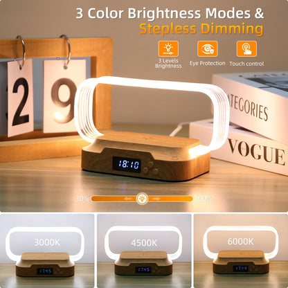 Hiwoor Bedside Table Lamp with 15w Wireless Charger, Touch Control LED Table Lamp with Clock and Phone Stands, Reading lamp 3 Modes and Stepless Dimming for Night lamp for Kids and Adults