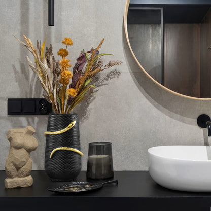 Black Flower Vase Home Decor, Halloween Decor Indoor, Unique Black Vase for Bookshelf Fireplace Bedroom Kitchen Living Room Table Centerpieces Office Desk,Boho Vase, 8" Tall