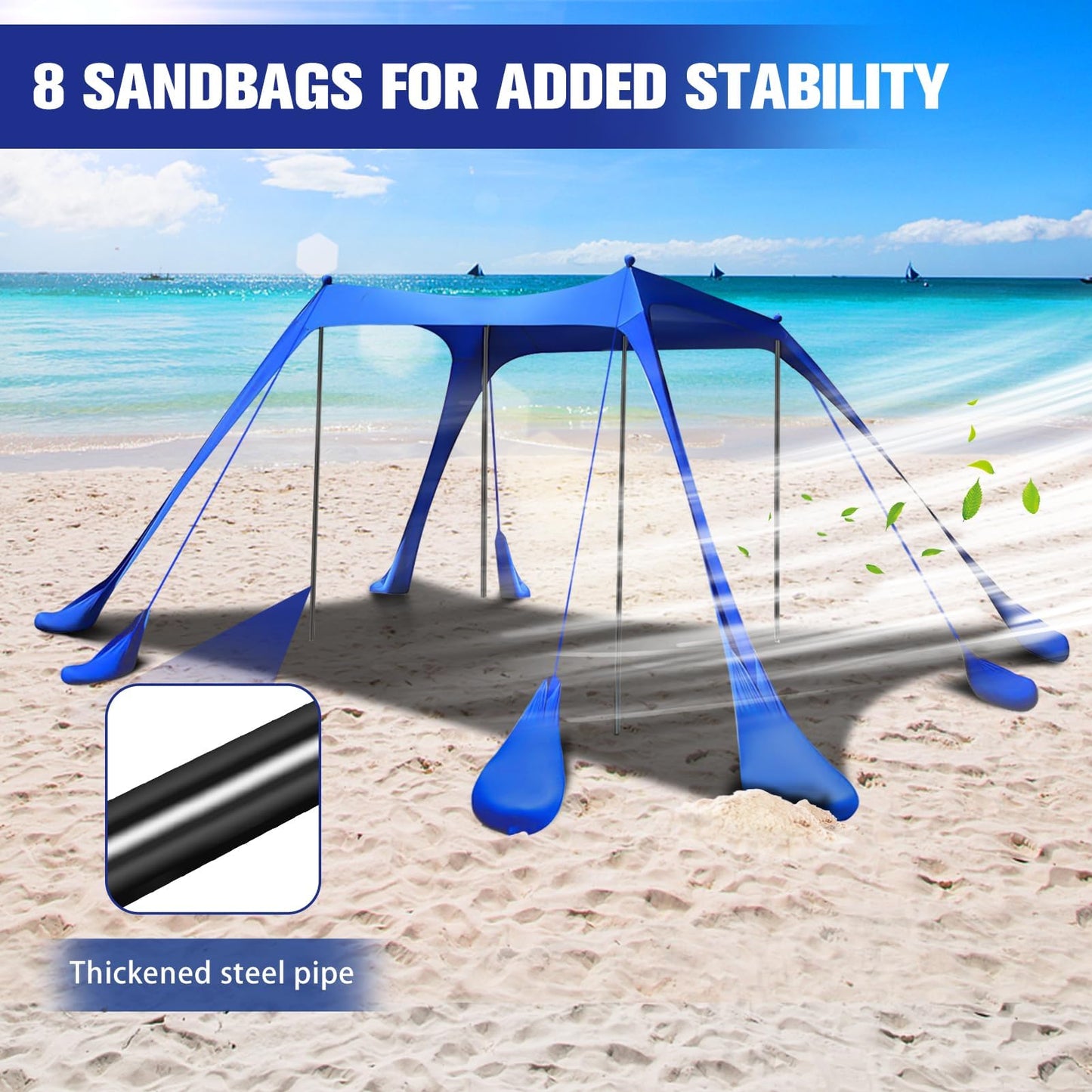 Beach Tent Sun Shelter 10x10FT Beach Shade Canopy with 8 Sandbags, UPF 50+ Protection Beach Shade Canopy, Outdoor Tent for Beach Camping Trips, Fishing, Backyard