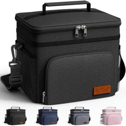 HOTOR Insulated Lunch Box for Men & Women - Leak-Proof Cooler Lunch Bag with 4 Pockets, Adjustable Strap, Ideal for Work, Picnic, Travel - Medium, Black, 10.2"×6.9"×8.5"