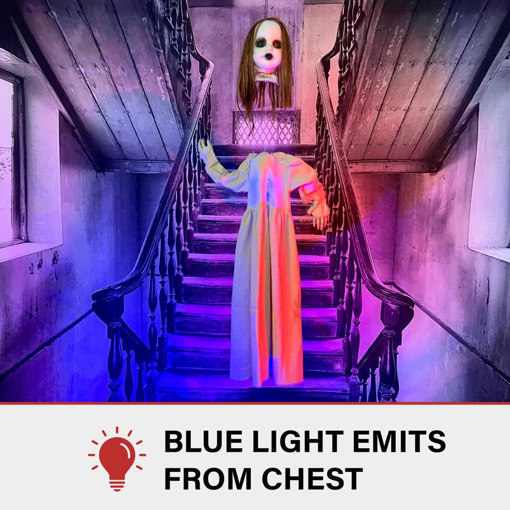 Haunted Hill Farm Floating, Talking Zombie Girl Animatronic with Blue Chest Light for Scary Free-Hanging Halloween Decoration,5 x 16 x 47