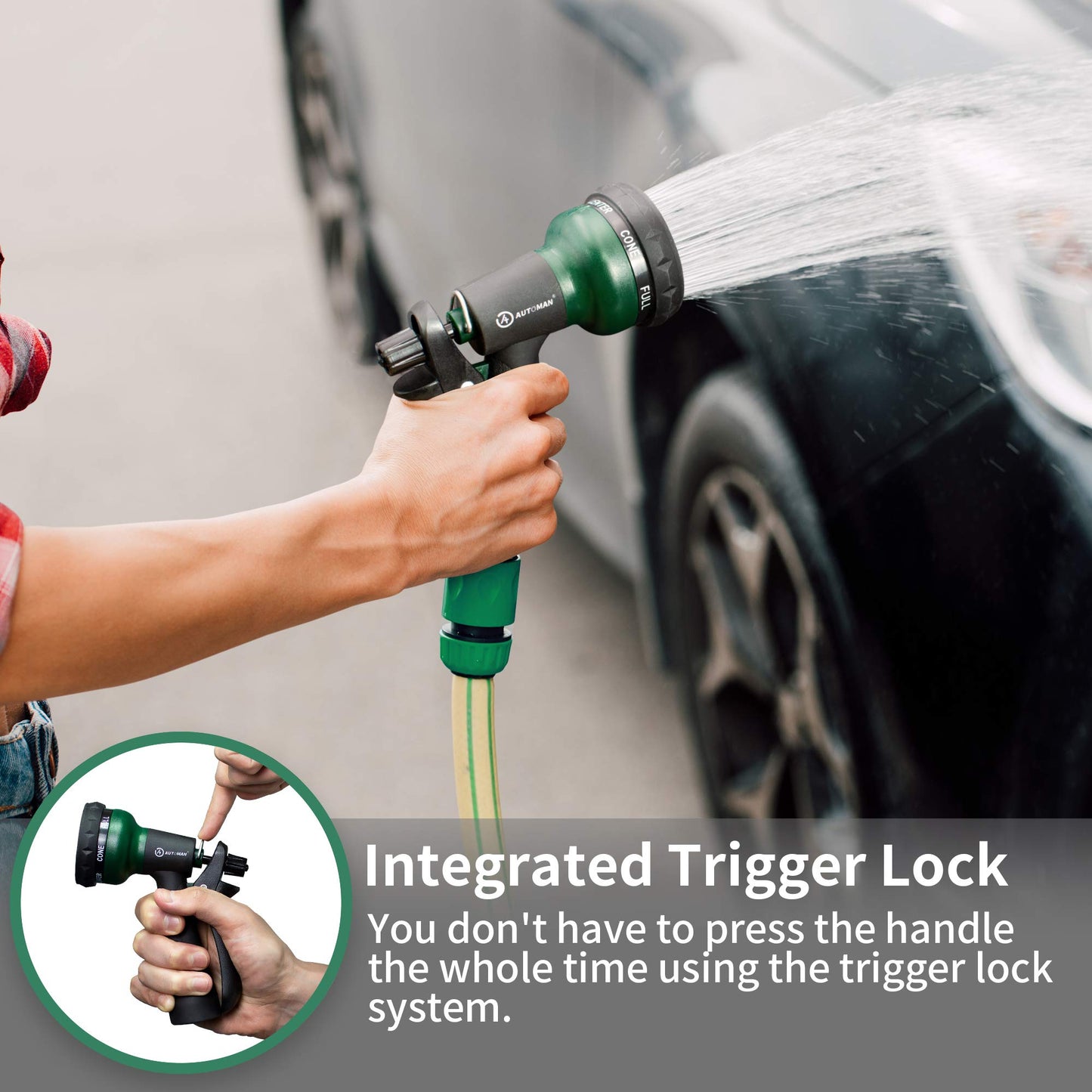 AUTOMAN-Garden-Hose-Nozzle, ABS Water Spray Nozzle with 7 Adjustable Watering Patterns, Slip Resistant for Watering Plants, Lawn& Garden, Washing Cars, Cleaning, Showering Pets & Outdoor Fun.