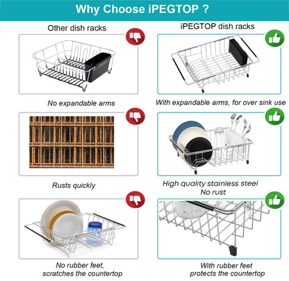 iPEGTOP Expandable Deep & Large Dish Drying Rack, Over The Sink, in Sink Or On Counter Dish Drainer Basket Shelf with Removable Grey Utensil Silverware Holder, Rustproof Stainless Steel