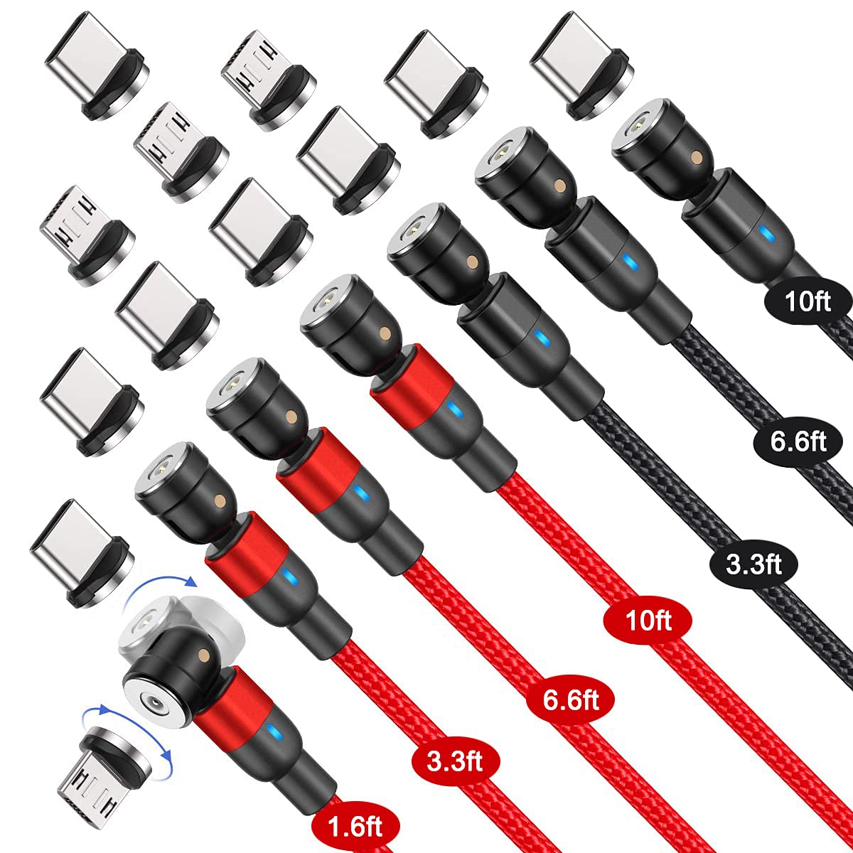 Bojianxin 540 Rotation Magnetic Charging Cable (7-Pack, 1.6ft/3.3ft/3.3ft/6.6ft/6.6ft/10ft/10ft) - 3 in 1 Magnetic Phone Charger Compatible with Micro USB, Type C etc