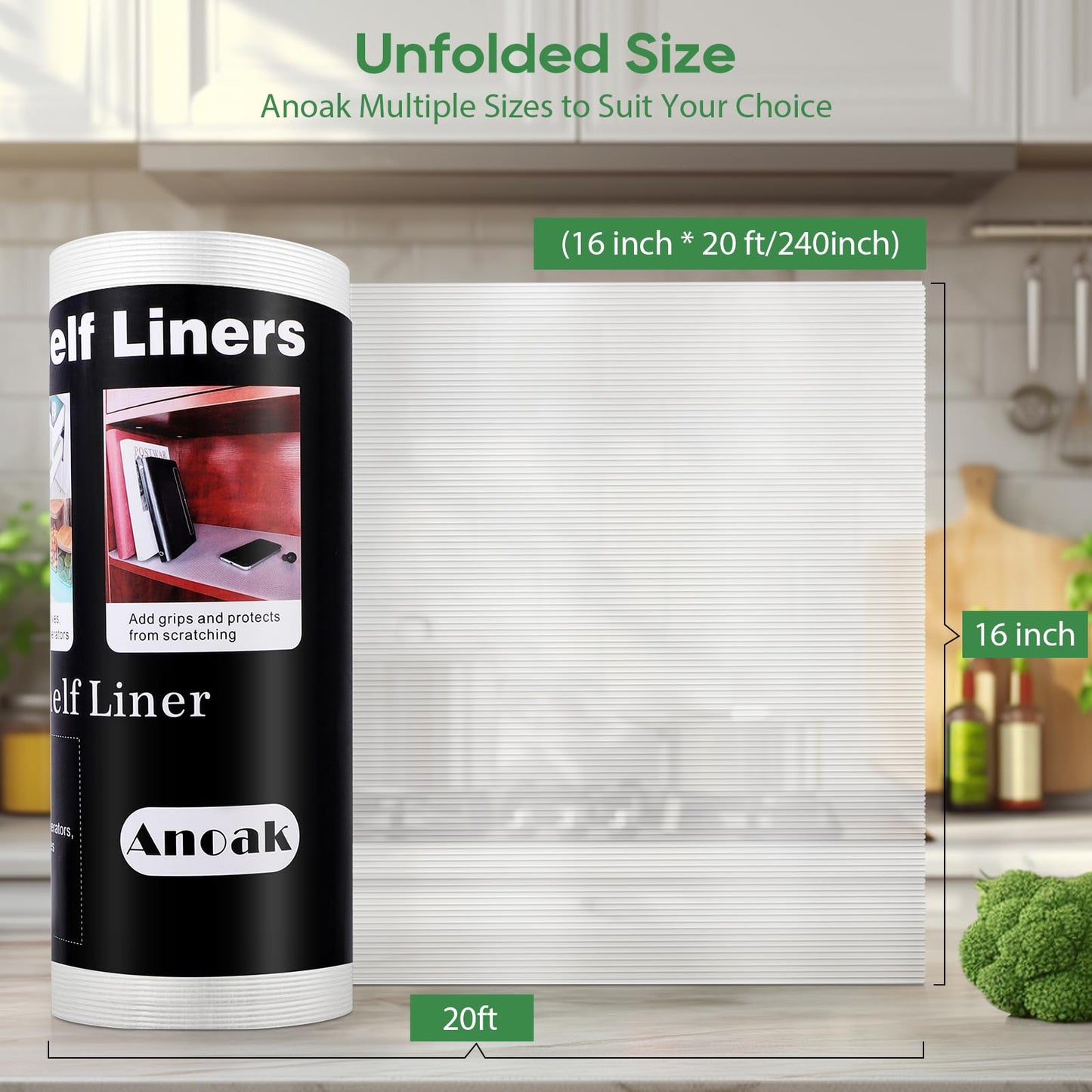 Anoak Cabinet Liner, Non Adhesive, Washable 16 Inch x 20 FT(240 Inch) Waterproof Durable Non-Slip Shelf Liner for Kitchen, Drawer, Refrigerator