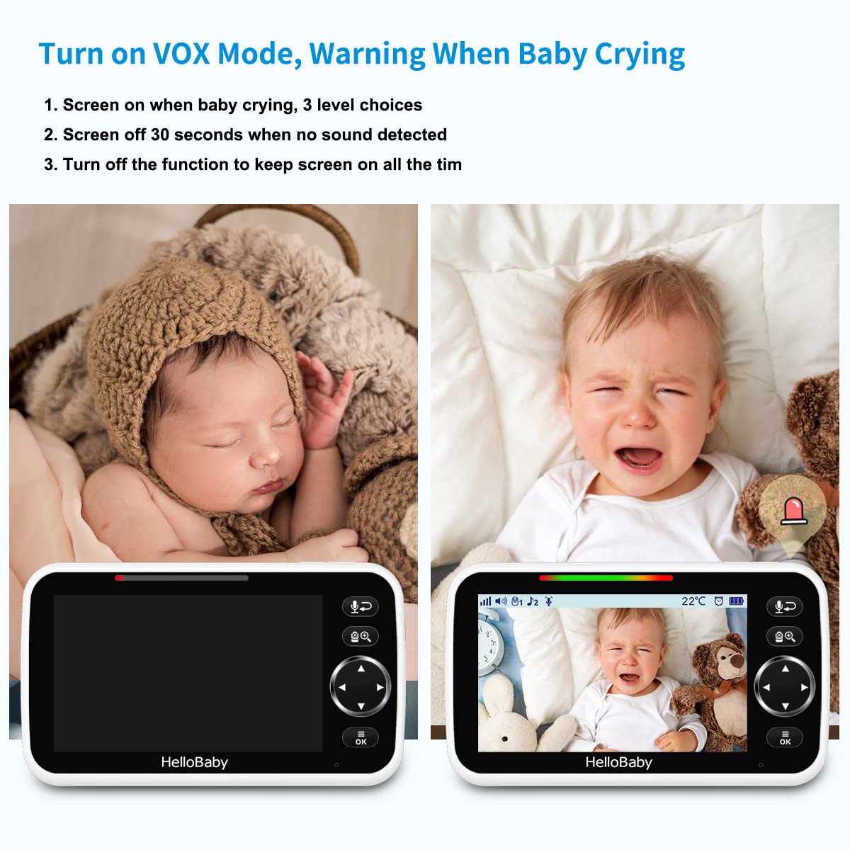 HelloBaby No WiFi Baby Monitor 5" Screen 30-Hour Battery Pan-Tilt-Zoom Video Upgrade with Camera and Audio, Night Vision, VOX, 2-Way Talk, 8 Lullabies and 1000ft Range