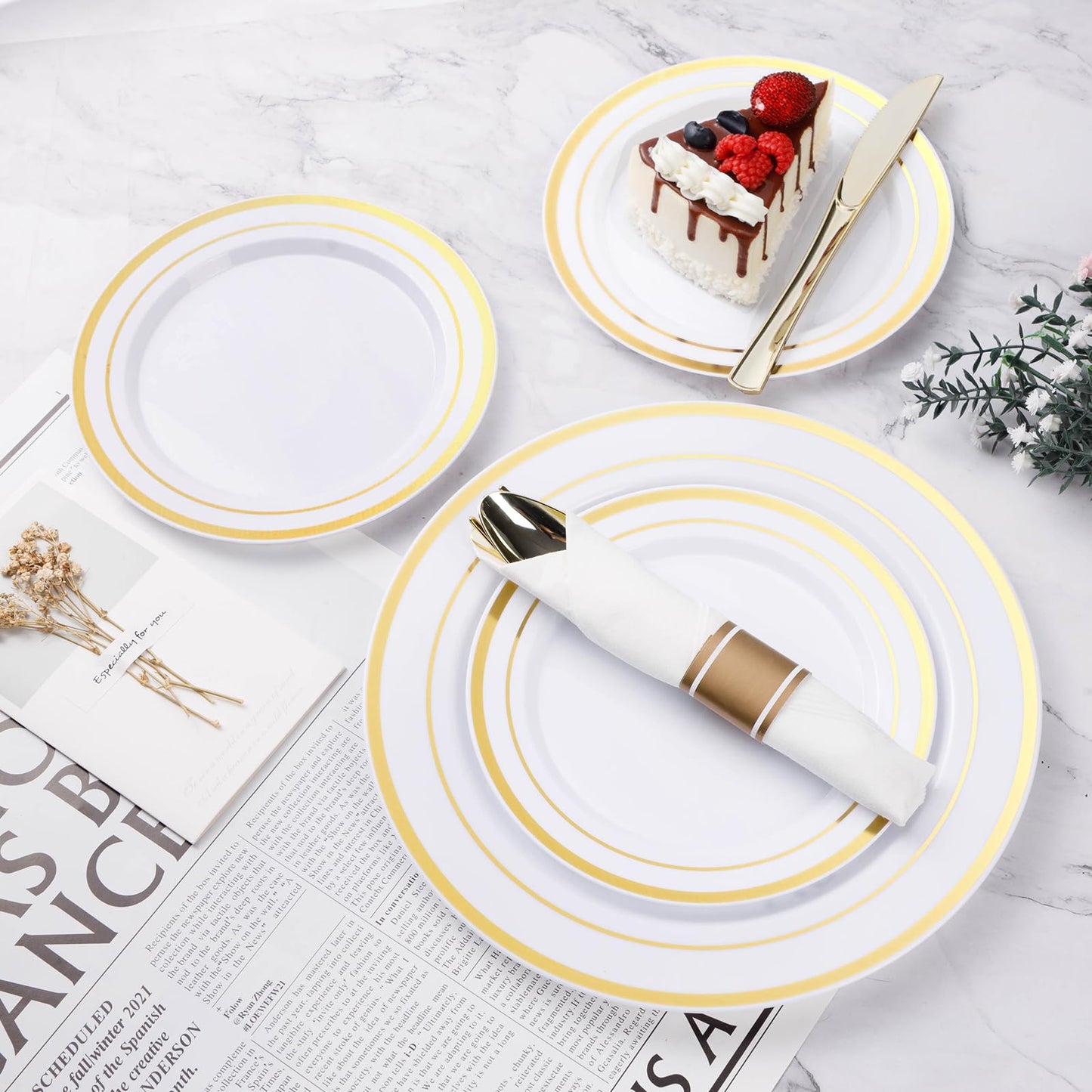 BESTVIP 350PCS Gold Plastic Dinnerware Set, Disposable Party Plates for 50 Guests, Include: 100 Plastic Plates, 50 Pre Rolled Napkins with Gold Silverware, 50 Cups