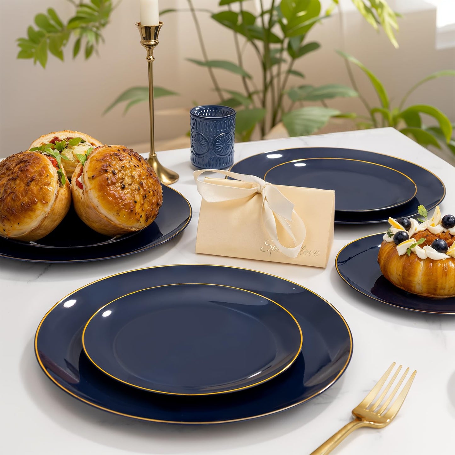 bUCLA 150PCS Blue and Gold Plastic Plates - 25 Guests Navy Blue Plastic Dinnerware Disposable for Party - Include 25 Dinner/Dessert Plates, 25 Knives, 25 Forks, 25 Spoons, 25 Cups
