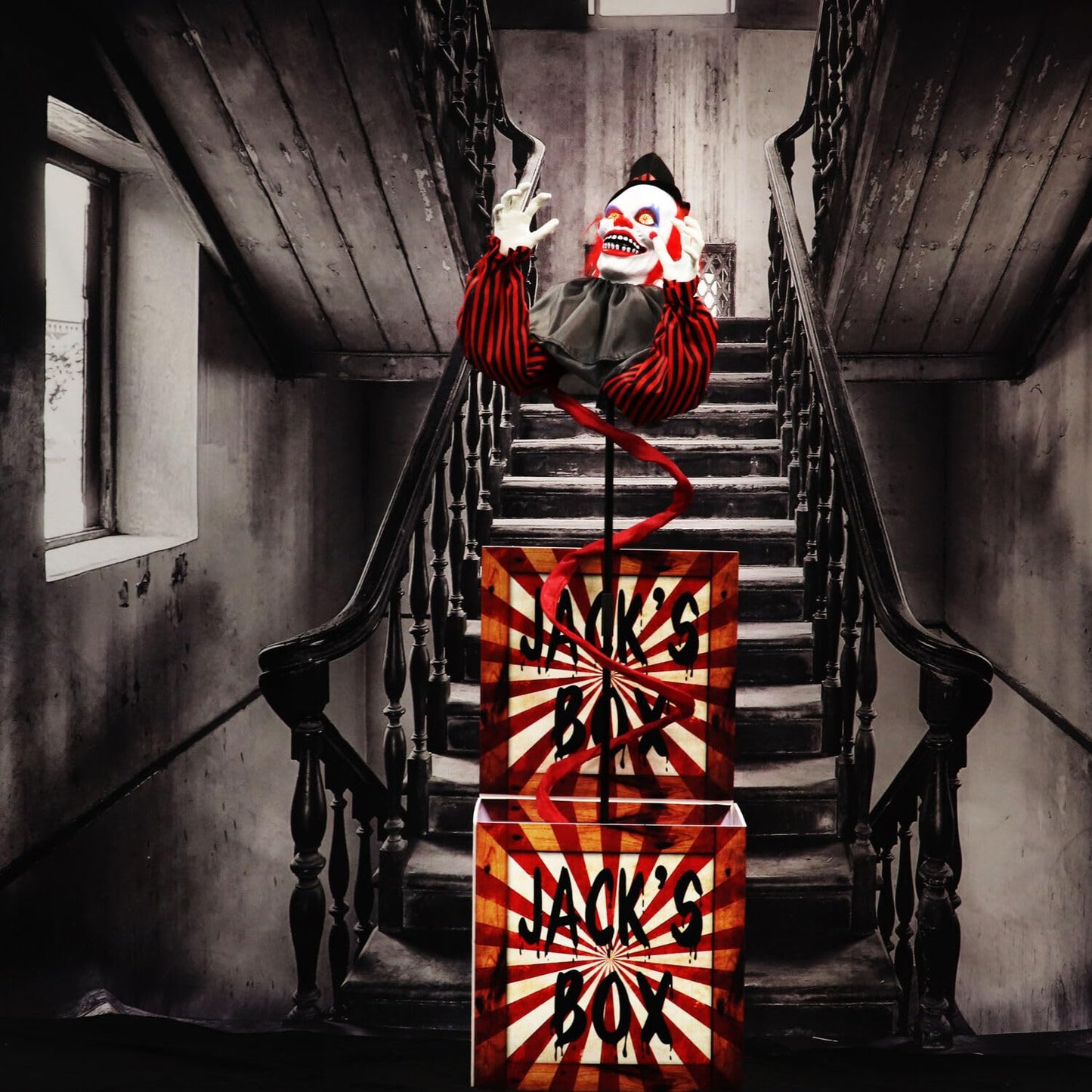 Haunted Hill Farm Life-Size Talking Clown Jack in The Box, Halloween Animatronic with Motion and Touch Activated Lights and Sounds, Battery Operated Indoor or Covered Outdoor Halloween Decorations