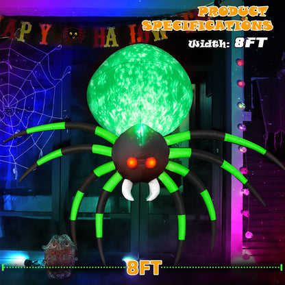 8FT Halloween Inflatables Spider Outdoor Decorations for Yard, Giant Blow up Green Spider with Rotating Fire Flame Light, Large Spooky Spider Props for Halloween Party Garden Lawn House Holiday Decor